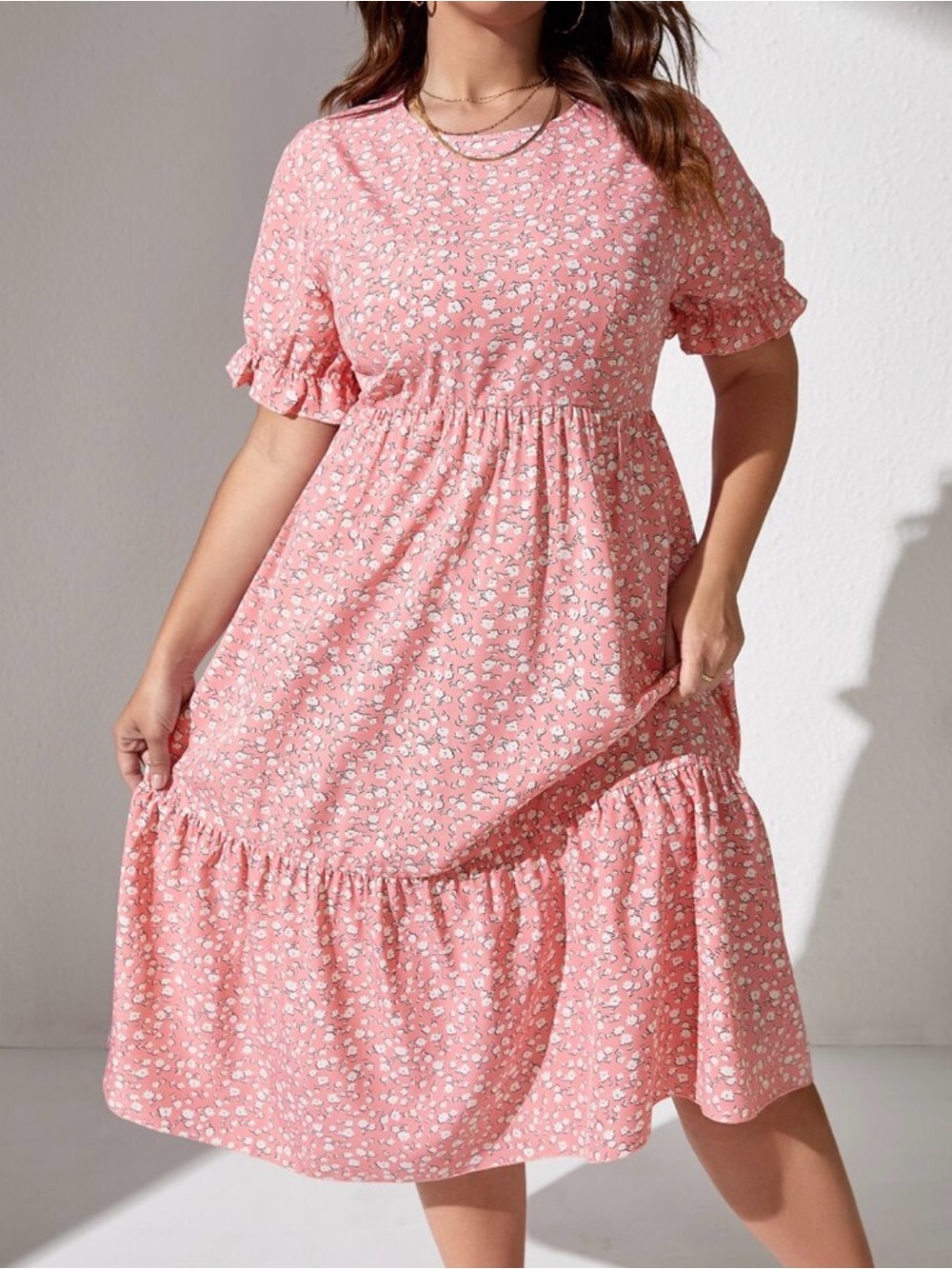 Dress Midi plus size 4XL, Pink Floral Print Ruffle Hem